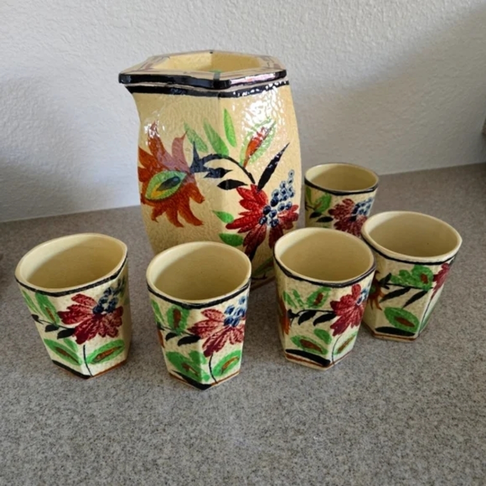 Vtg Handpainted Japanese Majolica Floral Ceramic Pitcher & 5 Cups Beverage Set